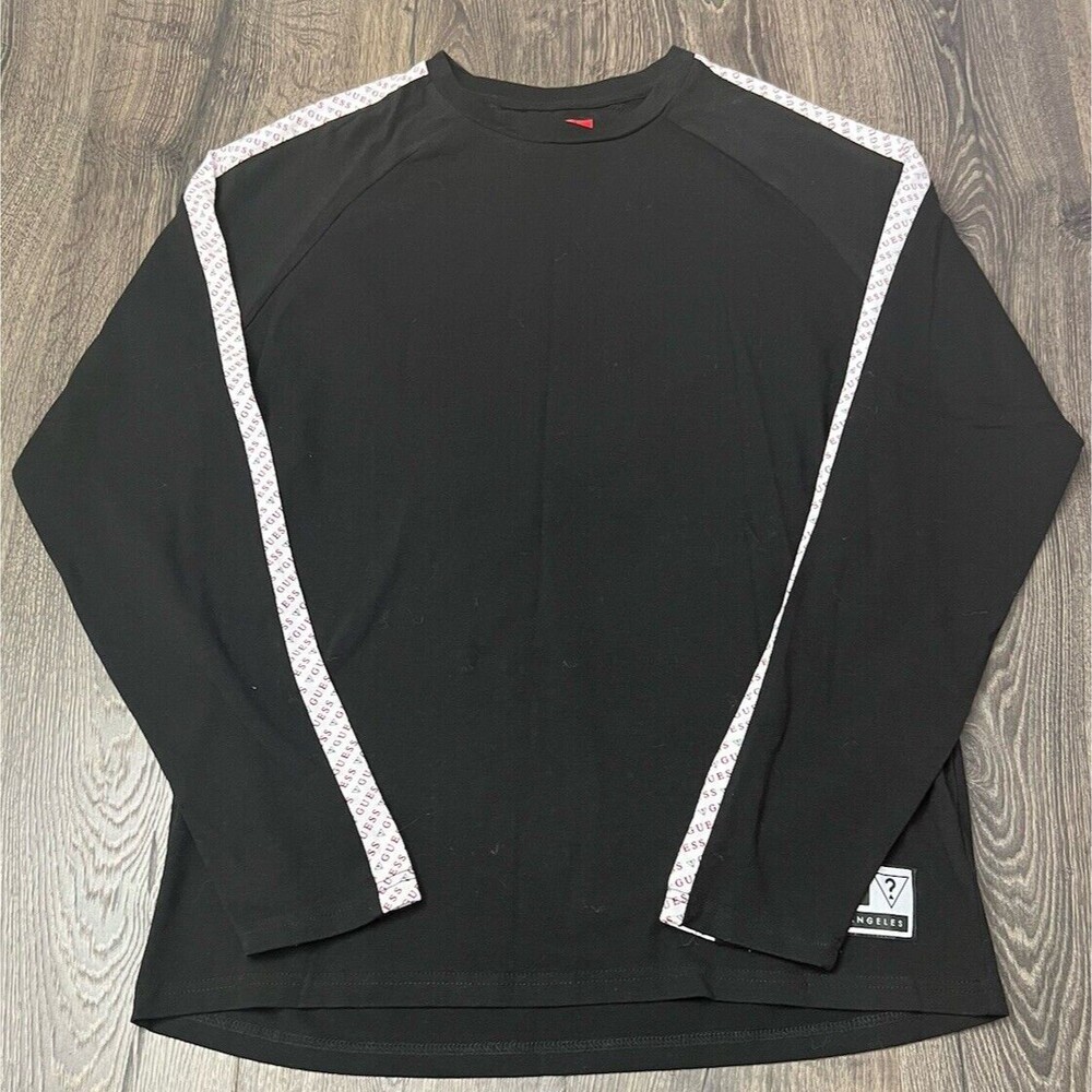 GUESS Long Sleeve T-Shirt Mens Size Large Black Shoulder Logo Print
